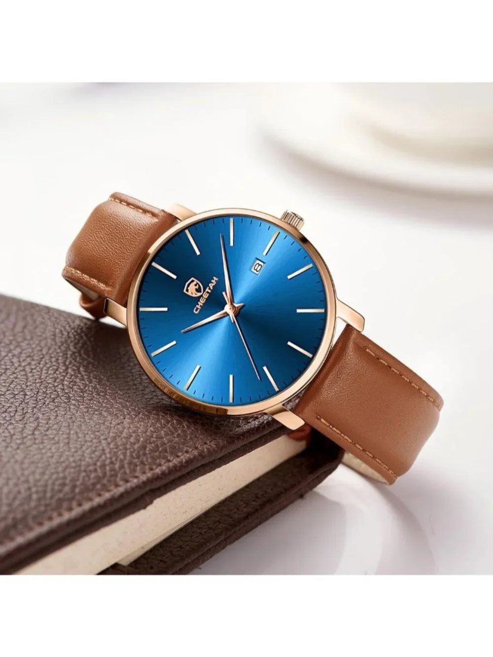 Men's Brown/Rose Gold/Blue Leather Strap Minimalist Waterproof Quartz Wristwatch